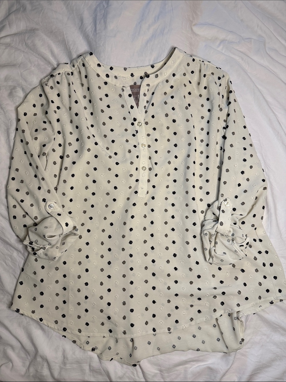 Chico's White Henley Tunic with Black Polka Dots